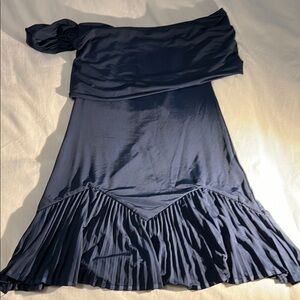 Meshki Navy Blue One Shoulder Pleated Tiered Dress